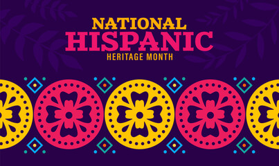 Ethnic ornament of national hispanic heritage month festival banner. Mexican and spanish culture holiday vector poster with latino arts pattern, papel picado flags garland, tropical flowers and plants