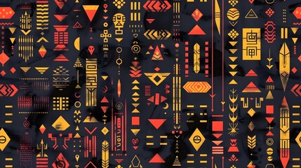 Vibrant Tribal Geometric Patterns with Abstract Shapes and Symbols Forming Mesmerizing Digital Art Backdrop for Website or Poster Design