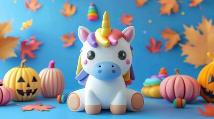Naklejka premium Halloween unicorn 3D rendering, cute and colorful.