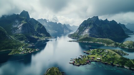 Aerial view of the Norwegian archipelago of Lofoten, known for its dramatic peaks, deep fjords, and...