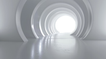 A captivating perspective of a futuristic tunnel designed with repeated arched structures in a serene white setting.
