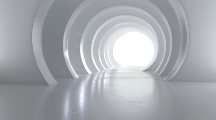 Fototapeta premium A captivating perspective of a futuristic tunnel designed with repeated arched structures in a serene white setting.