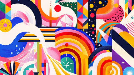 Obraz premium A bright and cheerful LGPTQ+ Pride illustration with a variety of colors and geometric patterns, set against a pure white background, symbolizing unity and support within the community