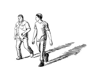 Hand drawing of two walking men, father and son, casting a long shadow, Vector sketch isolated, Hand drawn illustration
