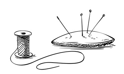 Drawing of spool of thread, needle and pins in decorative cushion, Vector sketch, Hand drawn illustration