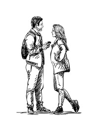 Man and woman relationship, Hand drawn illustration, Young couple standing facing each other, he with phone in his hand looking at her and smiling, she flirty akimbo looking at him reproachfully