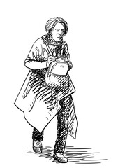 Drawing of an mature woman walking thoughtfully and carrying a small backpack in front on her stomach, holding it with her hands, Vector sketch isolated, Hand drawn illustration