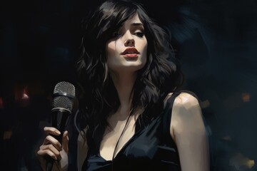 Digital painting of a sophisticated woman singing into a microphone with a dark blurred background