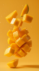  levitating mango cutted pieces, separated, bright paste color background, professional studio photography, hyperrealistic, minimalism, negative space, high detailed, sharp focus