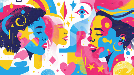 A colorful and modern illustration celebrating LGPTQ+ Pride, featuring abstract shapes and symbols in vibrant hues on a crisp white background, capturing the essence of diversity and inclusion
