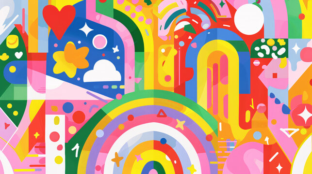 A bright and cheerful LGPTQ+ Pride illustration with a variety of colors and geometric patterns, set against a pure white background, symbolizing unity and support within the community
