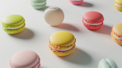 Obraz premium A delightful arrangement of colorful macarons, featuring a variety of flavors, artistically presented on a bright white surface.