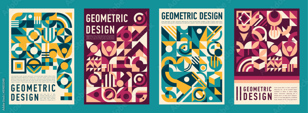 Aufkleber Business posters with abstract pattern modern geometric design. Vector background of minimal art graphics with geometric shapes. Square, circle, triangle and arch forms compositions, trendy templates