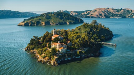 Aerial view of Angel Island in San Francisco Bay, California, USA, highlighting its historical...