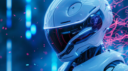 Closeup of Futuristic AI Robot in White Helmet and Body Suit with Digital Data Flow on Blue Background, Cyberpunk Style with Neon Lights and Hyper Realistic Detail