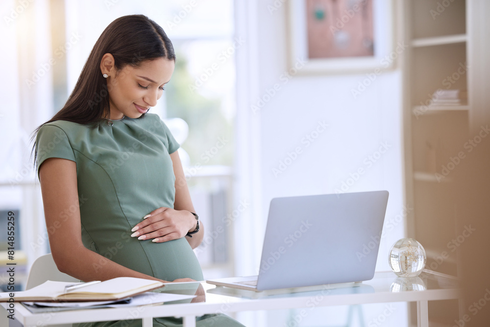 Poster pregnant, laptop and businesswoman in home office with happiness for maternity with remote work. smi