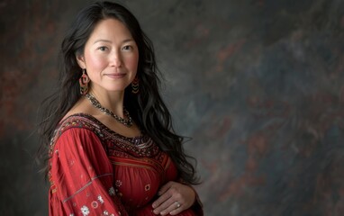 A woman in a red dress is posing for a photo. She is wearing a necklace and earrings