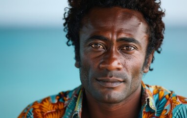 A man with curly hair stands on the shore, his gaze fixed on the vast expanse of the ocean before him