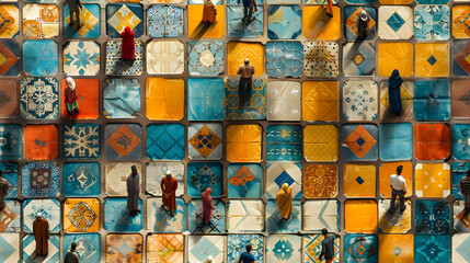 Eid Al Adha Unity Tiles: Commemorating Togetherness and Community Spirit with Joyful Assembly Designs | Photo Stock Concept