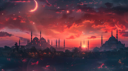Eid Moon and Mosque Tiles: Photo realistic concept with crescent moon over mosque silhouette for Eid Al Adha celebration