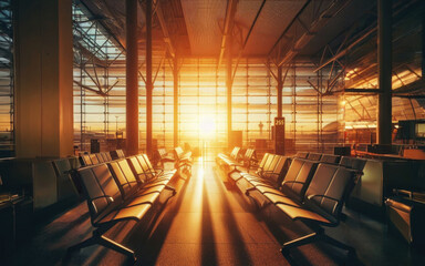 Airport departure hall with empty waiting seats. Plane at sunrise background. Travel and transportation concept.