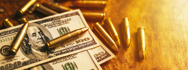 Bullets on dollar bills, concept of military assistance, Funding for crime,  Military financial support, mercenary work in the army the war, Sale of weapons