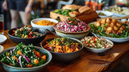 Obraz premium Assortment of salads in plates on the table. Selective focus