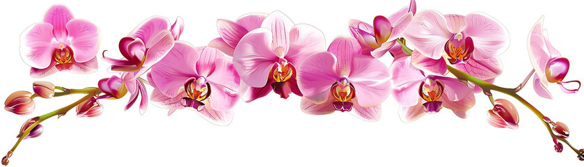 decorative orchid arrangement featuring pink and purple flowers and petals on a isolated background