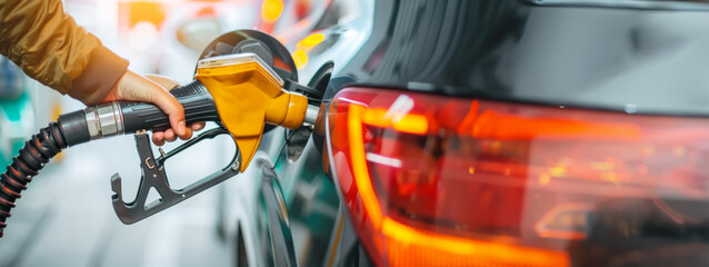 Person's refuel of car in patrol station for travel,  prices fuel for population, Gasoline price increase during energy and fuel world crisis