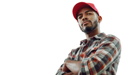skillful worker man labor technician with crossed arms isolated on transparent and white background.PNG image.