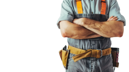 skillful worker man labor technician with crossed arms isolated on transparent and white background.PNG image.