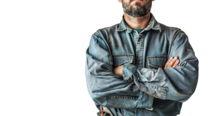 skillful worker man labor technician with crossed arms isolated on transparent and white background.PNG image.