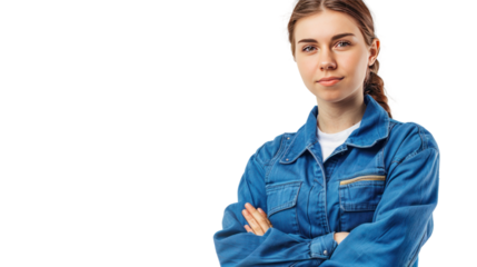 skillful woman technician in blue work clothes on transparent and white background.PNG image.