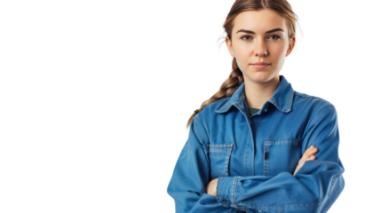 skillful woman technician in blue work clothes on transparent and white background.PNG image.