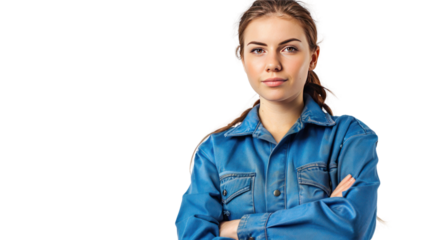 skillful woman technician in blue work clothes on transparent and white background.PNG image.