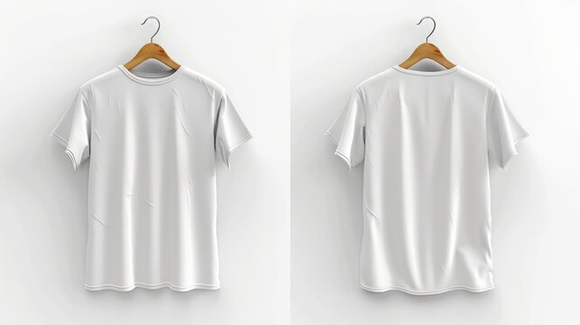 From front to back, this mock-up presents a white t-shirt against a wooden hanger, offering a versatile template for your design concepts.
