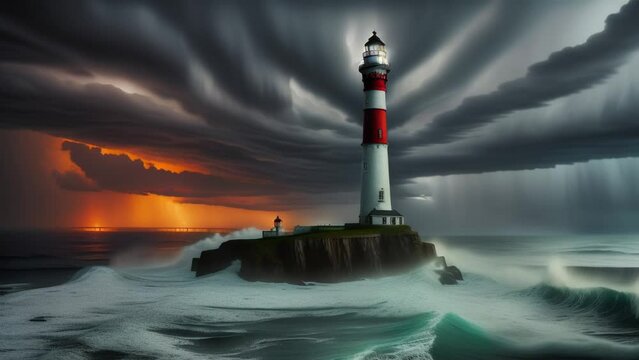 A lighthouse is on a rocky island in the middle of a stormy sea. The lighthouse is lit up, and the waves are crashing against the rocks. Scene is intense and dramatic, with the stormy sea