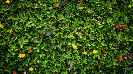 Green grass and flowers background texture. seamless background, top view, 