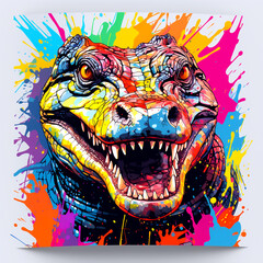 Painting of a crocodile with its mouth open and teeth showing, bright colors.