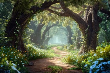 A beautiful fairytale enchanted forest with big trees and great vegetation. Digital painting background