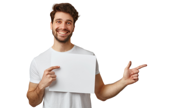 Man holding and pointing to blank workspace isolated on transparent and white background.PNG image.