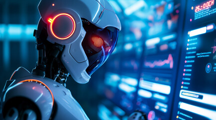  Futuristic White Robot Analyzing Data in Hyper-Realistic Cyberpunk Scene