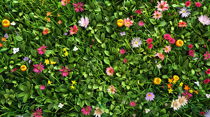 Fototapeta premium Top view of green grass with flowers. seamless background, top view, 