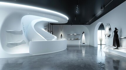 A modern fashion design studio with a white curved spiral showcase and black ceiling, concrete...