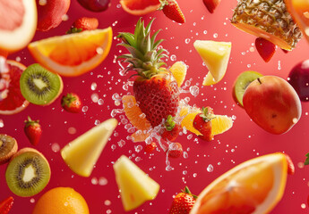 Fruit explosion on a red background, with flying fruits like strawberries and pineapples in the air, alongside oranges, pears, apples, and kiwi