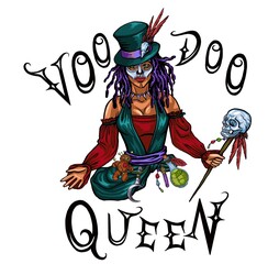 Voodoo queen, ritual voodoo doll and magic ball. cartoon illustration of voodoo witch, fortune telling, white isolated background