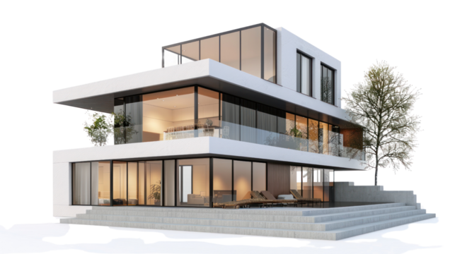 modern house isolated on transparent and white background.PNG image.