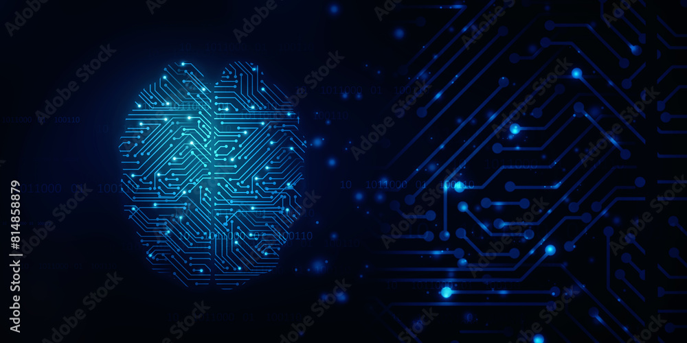 Poster 2d illustration concept of thinking, background with brain, abstract artificial intelligence. techno