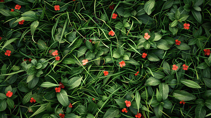 Red flowers on green grass background. Top view.  Floral pattern.  - Powered by Adobe