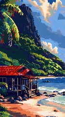 Pixel art of a tropical beach house